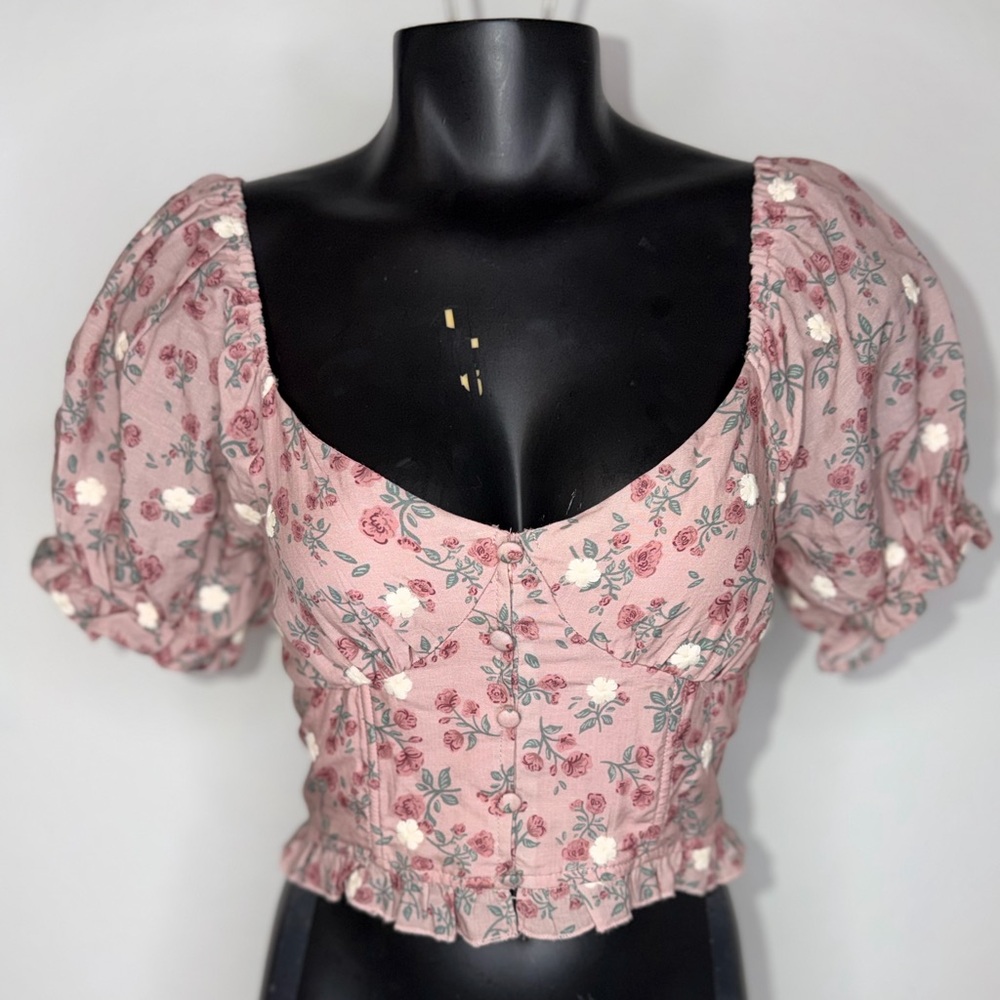 Altar’d State Floral Mauve Puff Sleeve Smocked Top/Shirt S Small Dressy